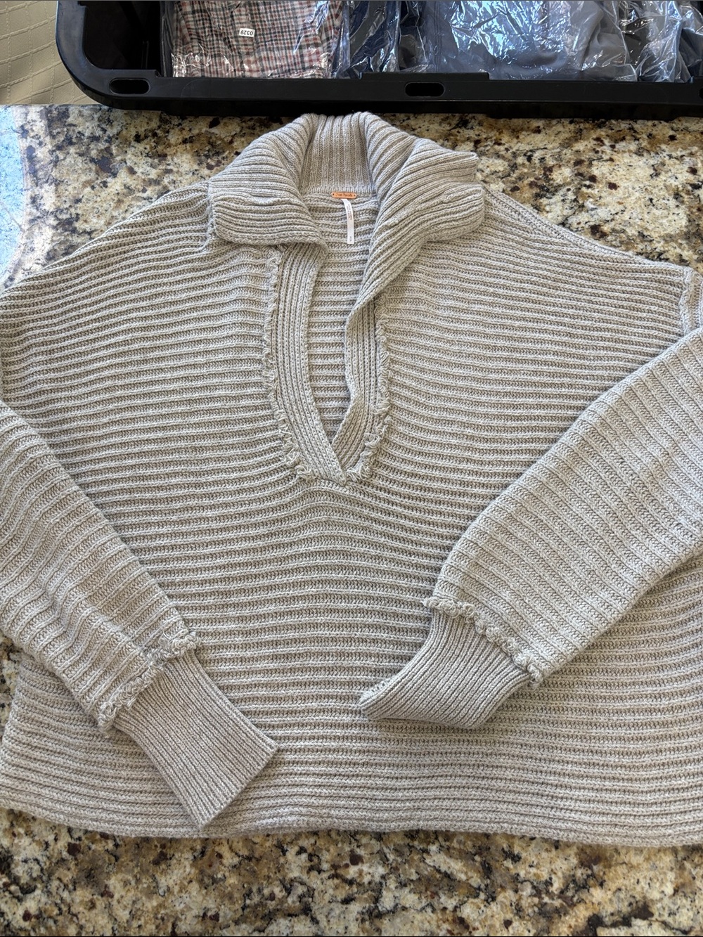 Free People Ribbed Cowl V-Neck Sweater in Light Taupe